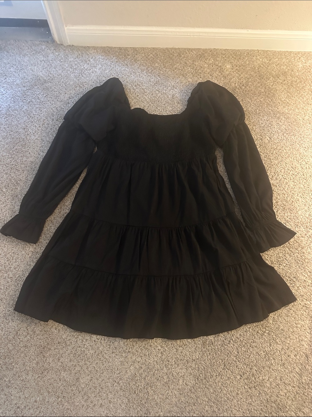 Smocked Puff-Sleeve Black Kids Dress